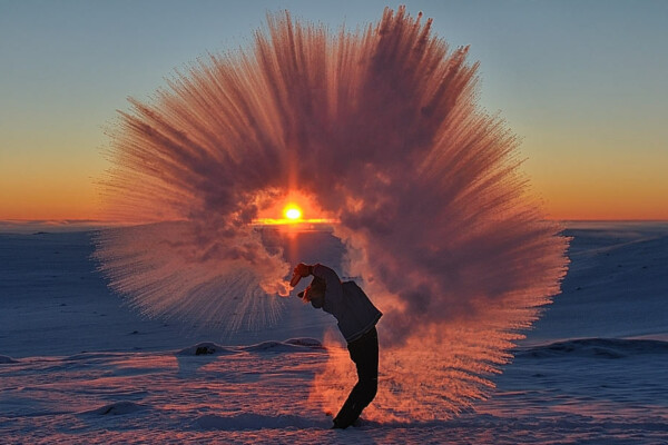 Pouring hot tea at -40°C Near the Arctic Circle