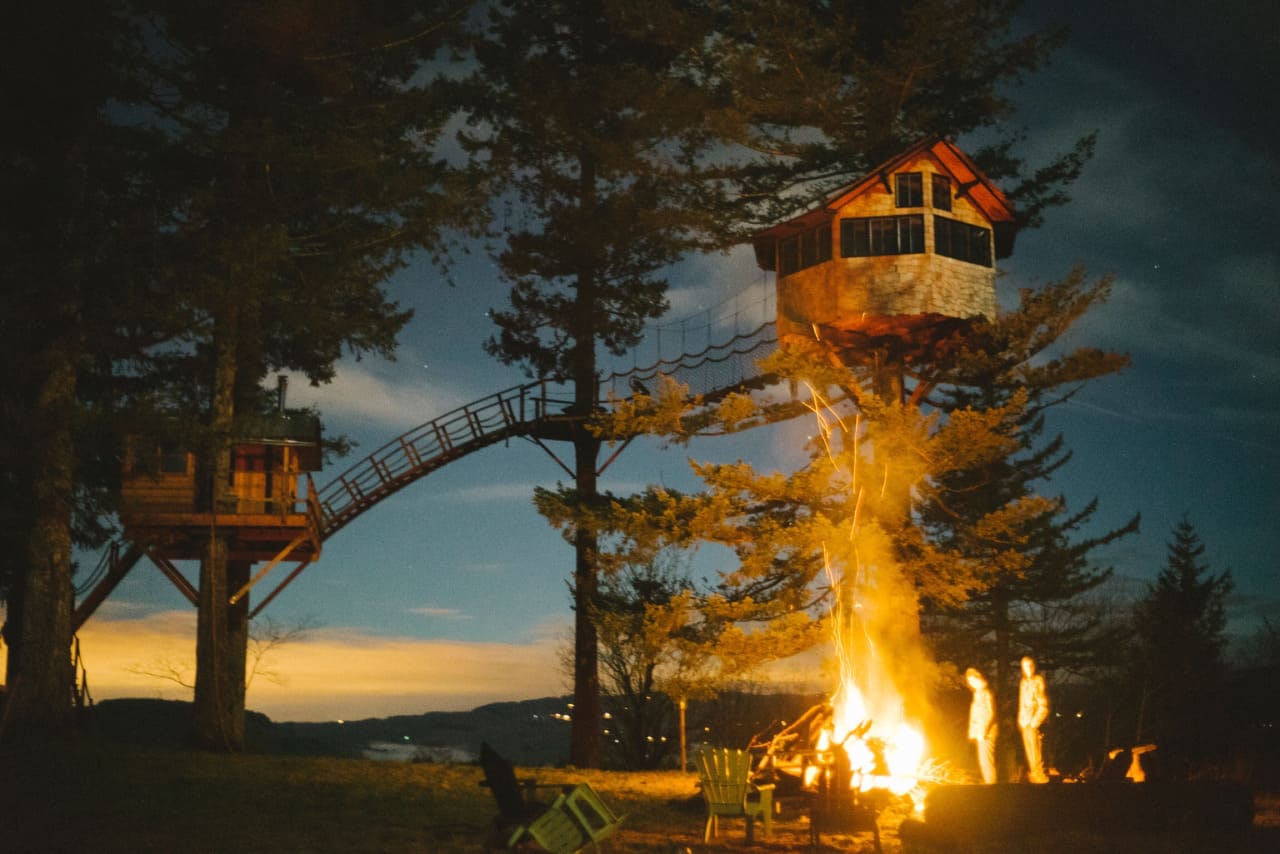 Campfire and treehouse