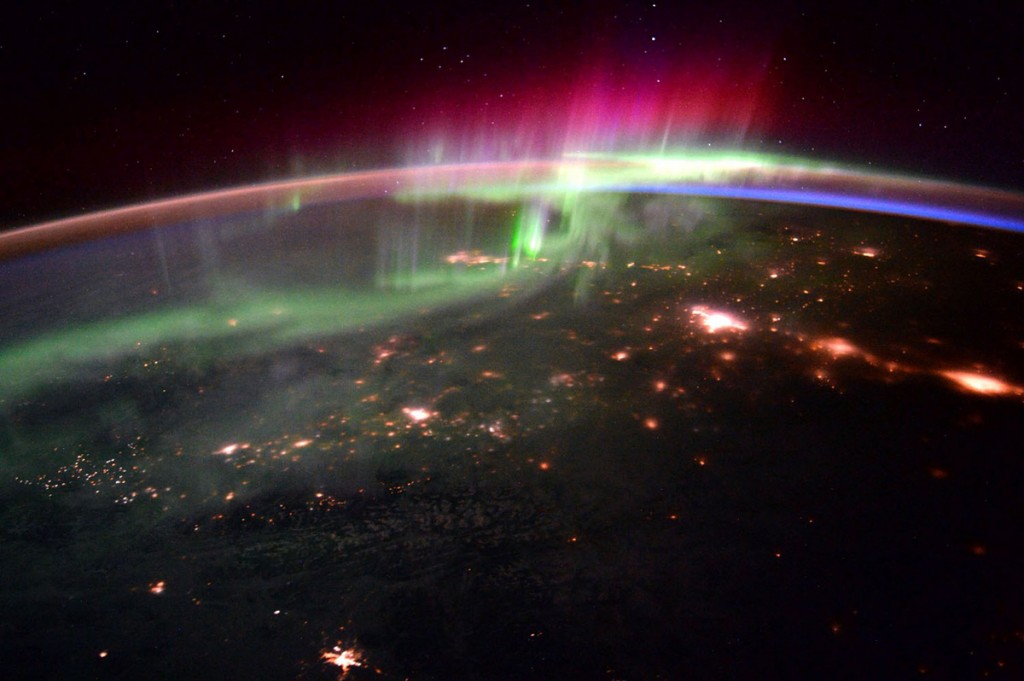 Aurora Borealis over the Pacific Northwest seen from space.
