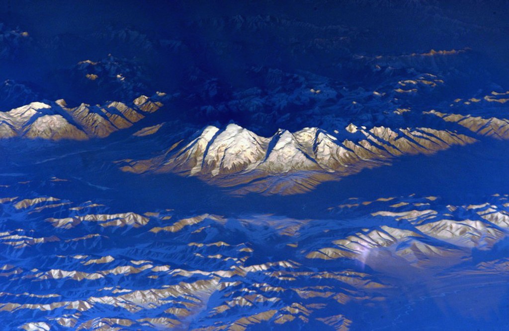 An oblique mountain view from the International Space Station.
