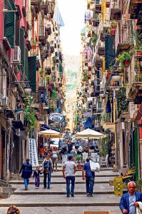 A crowded colorful street, shot on Via Chiaia in Naples, Italy.